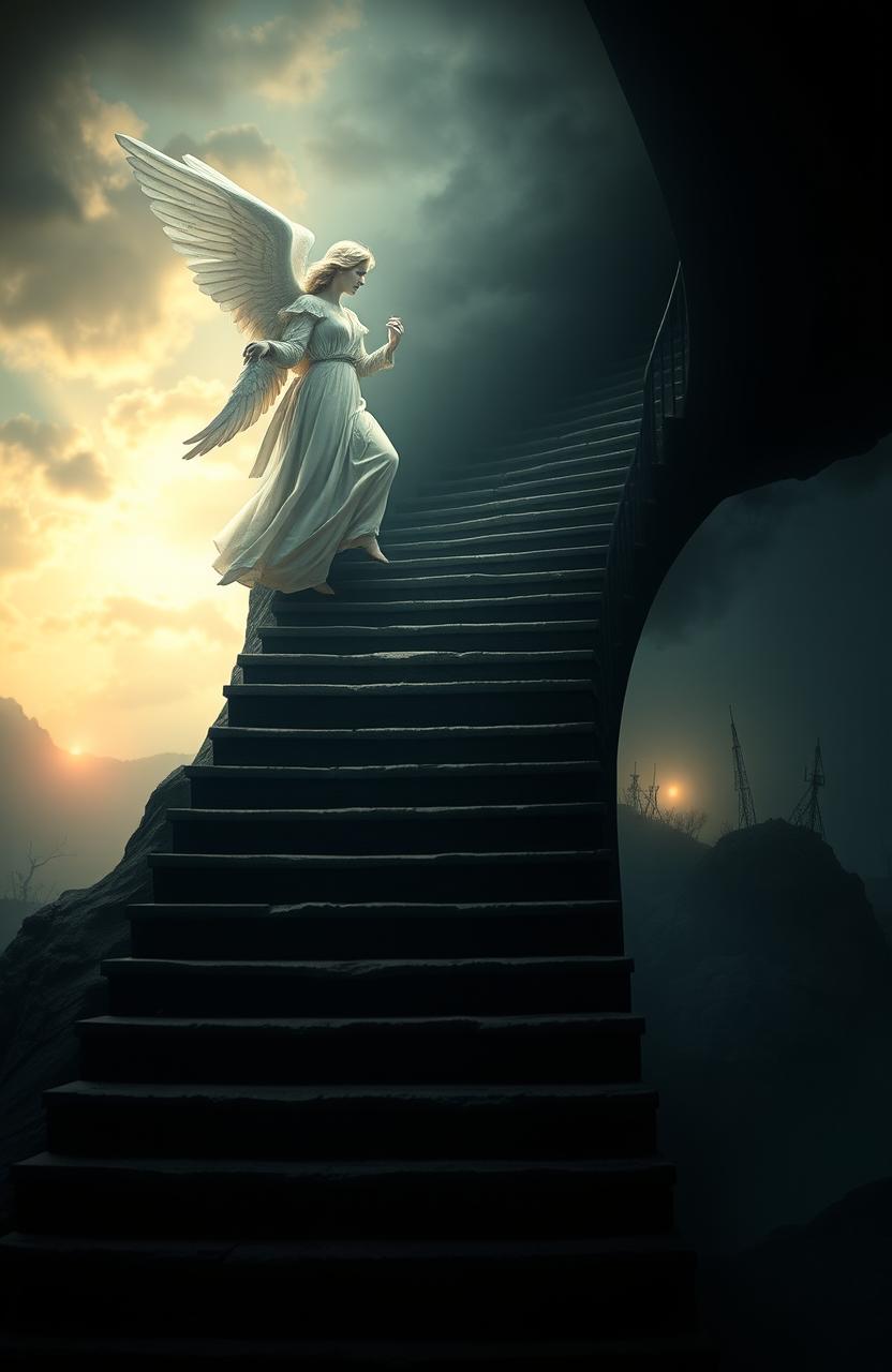 A visual representation of ambition portraying an angelic figure gracefully ascending a staircase that spirals upward yet subtly transforms into a dark, desolate environment reminiscent of Hell at the top