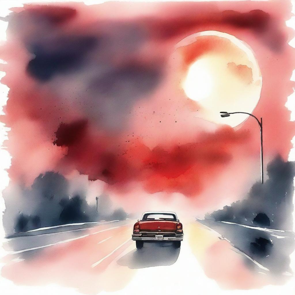 An atmospheric watercolor portrayal of cars speeding on a highway towards a massive, almost touchable full moon, backlights casting a red glow on the sky and street lights twinkling like stars