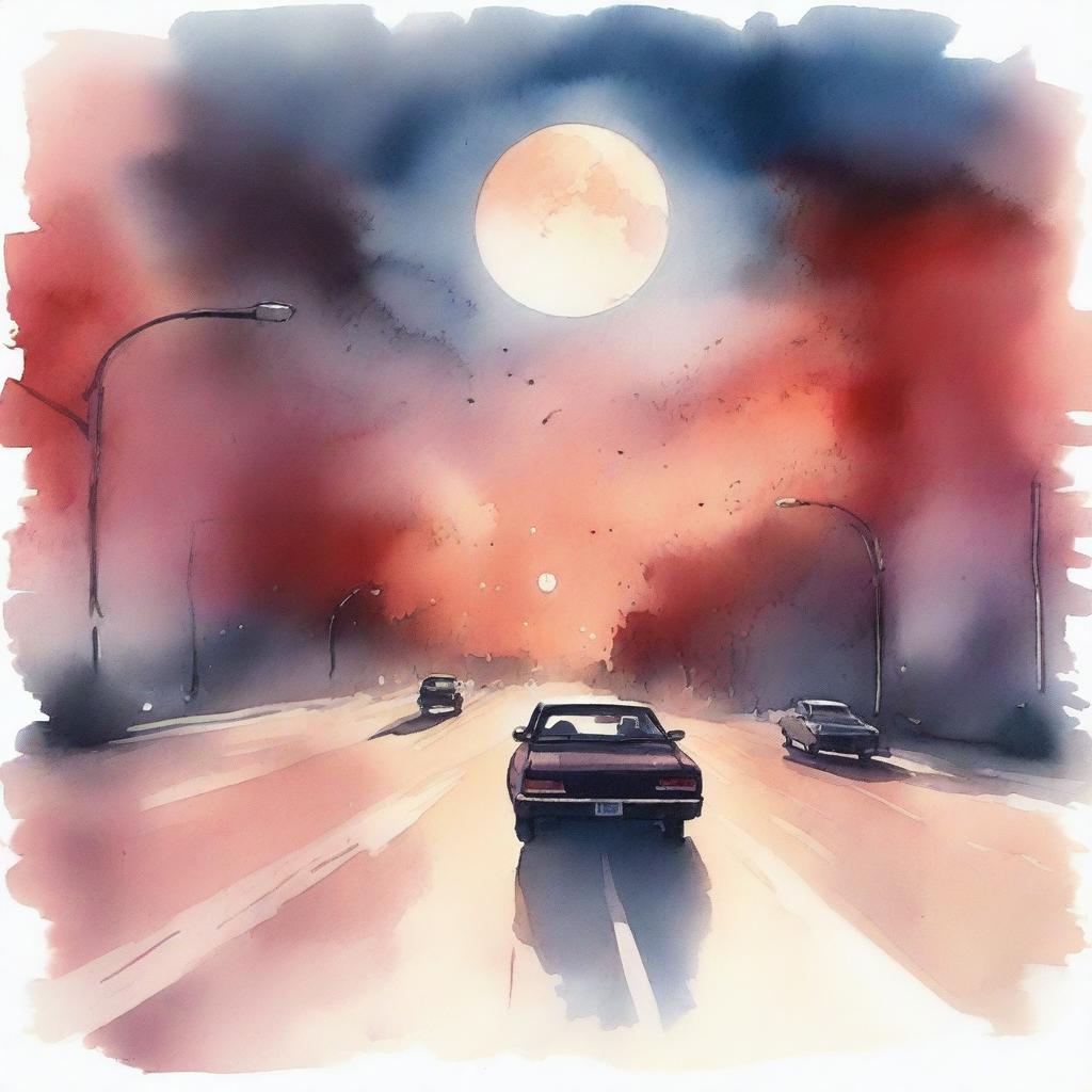 An atmospheric watercolor portrayal of cars speeding on a highway towards a massive, almost touchable full moon, backlights casting a red glow on the sky and street lights twinkling like stars