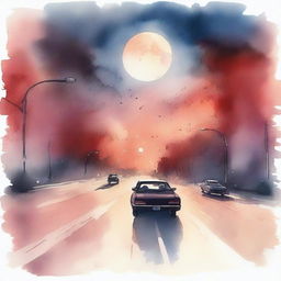 An atmospheric watercolor portrayal of cars speeding on a highway towards a massive, almost touchable full moon, backlights casting a red glow on the sky and street lights twinkling like stars