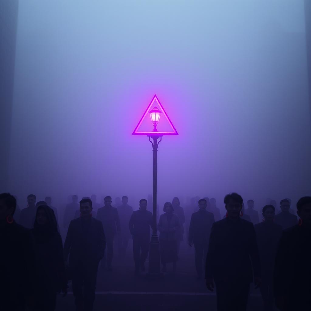 A dystopian city shrouded in thick fog, creating a chilling and mysterious atmosphere