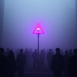 A dystopian city shrouded in thick fog, creating a chilling and mysterious atmosphere