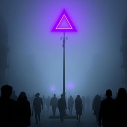 A dystopian city shrouded in thick fog, creating a chilling and mysterious atmosphere