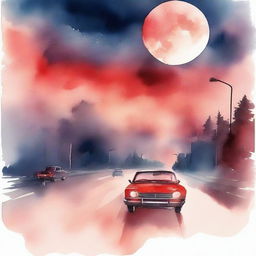 An atmospheric watercolor portrayal of cars speeding on a highway towards a massive, almost touchable full moon, backlights casting a red glow on the sky and street lights twinkling like stars