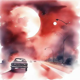 An atmospheric watercolor portrayal of cars speeding on a highway towards a massive, almost touchable full moon, backlights casting a red glow on the sky and street lights twinkling like stars