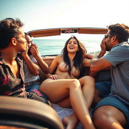 A vibrant and lively scene featuring a beautiful Indian girl with long legs in a convertible car during a sunny road trip in Goa