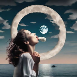 A surreal image of a woman taking a bite out of the large, floating full moon in the sky.