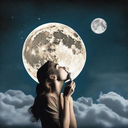 A surreal image of a woman taking a bite out of the large, floating full moon in the sky.