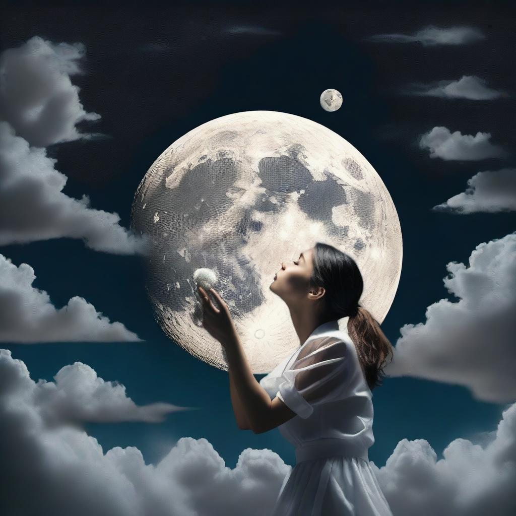 A surreal image of a woman taking a bite out of the large, floating full moon in the sky.