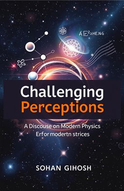 A conceptual book cover design for "Challenging Perceptions: A Discourse on Modern Physics" by Sohan Ghosh
