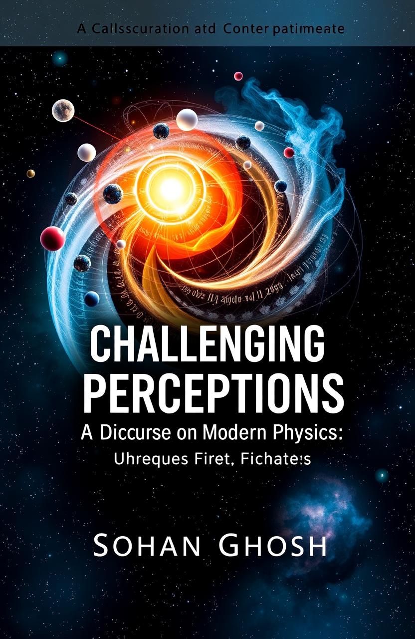 A conceptual book cover design for "Challenging Perceptions: A Discourse on Modern Physics" by Sohan Ghosh