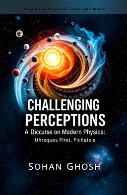 A conceptual book cover design for "Challenging Perceptions: A Discourse on Modern Physics" by Sohan Ghosh