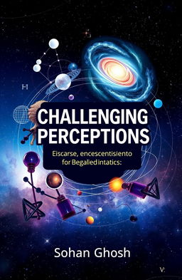 A conceptual book cover design for "Challenging Perceptions: A Discourse on Modern Physics" by Sohan Ghosh