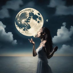 A surreal image of a woman taking a bite out of the large, floating full moon in the sky.