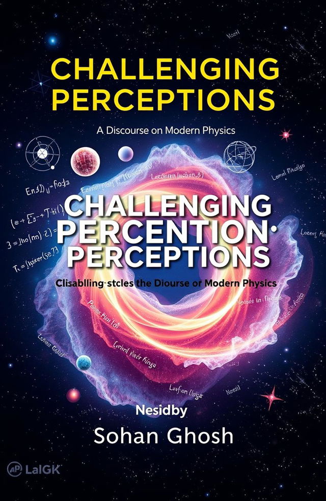 A conceptual book cover design for "Challenging Perceptions: A Discourse on Modern Physics" by Sohan Ghosh