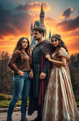 A romantic scene featuring two identical women standing side by side, one dressed in modern casual clothes (jeans and a stylish top) and the other in beautiful medieval princess attire, adorned with intricate details