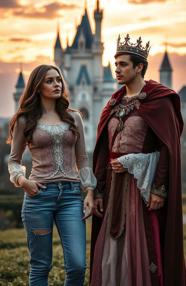 A romantic scene featuring two identical women standing side by side, one dressed in modern casual clothes (jeans and a stylish top) and the other in beautiful medieval princess attire, adorned with intricate details