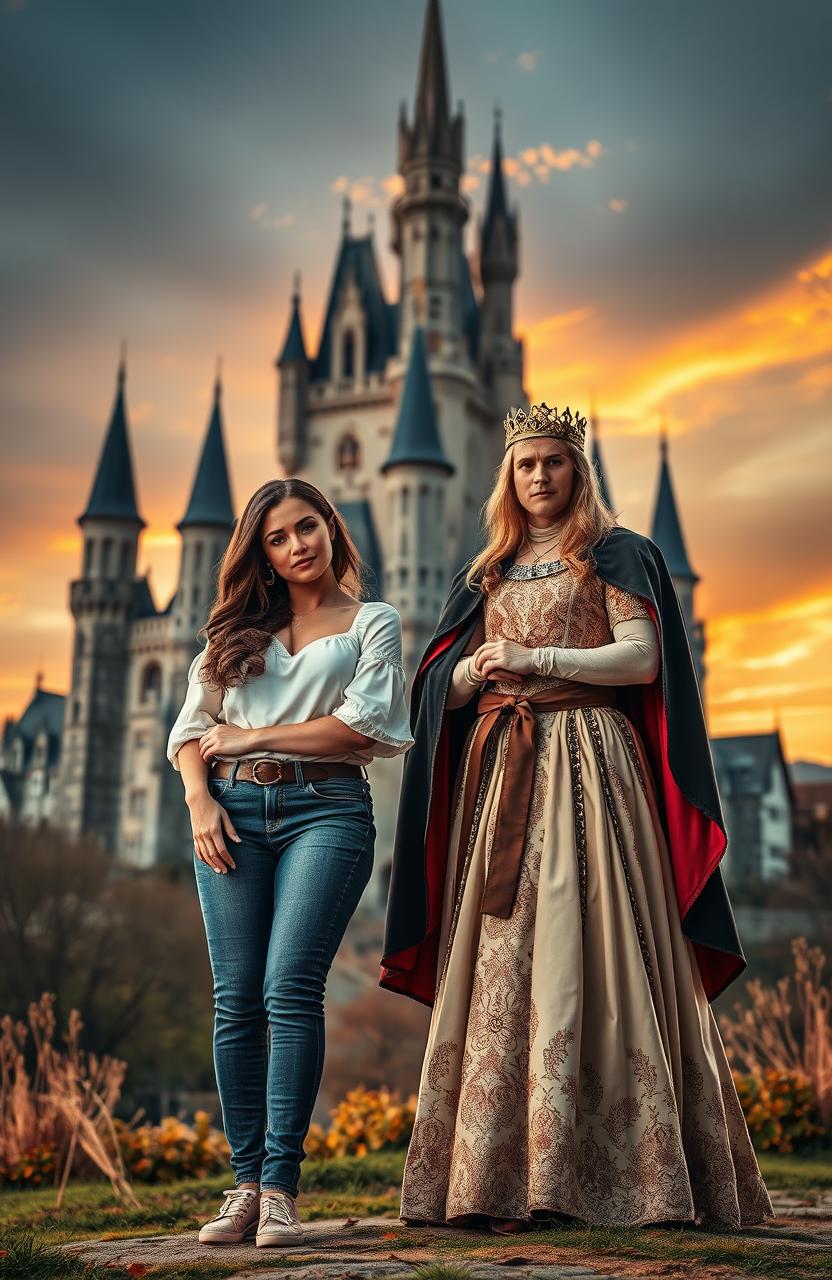 A romantic scene featuring two identical women standing side by side, one dressed in modern casual clothes (jeans and a stylish top) and the other in beautiful medieval princess attire, adorned with intricate details