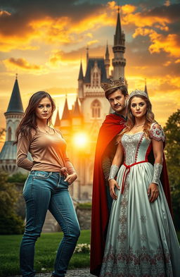 A romantic scene featuring two identical women standing side by side, one dressed in modern casual clothes (jeans and a stylish top) and the other in beautiful medieval princess attire, adorned with intricate details