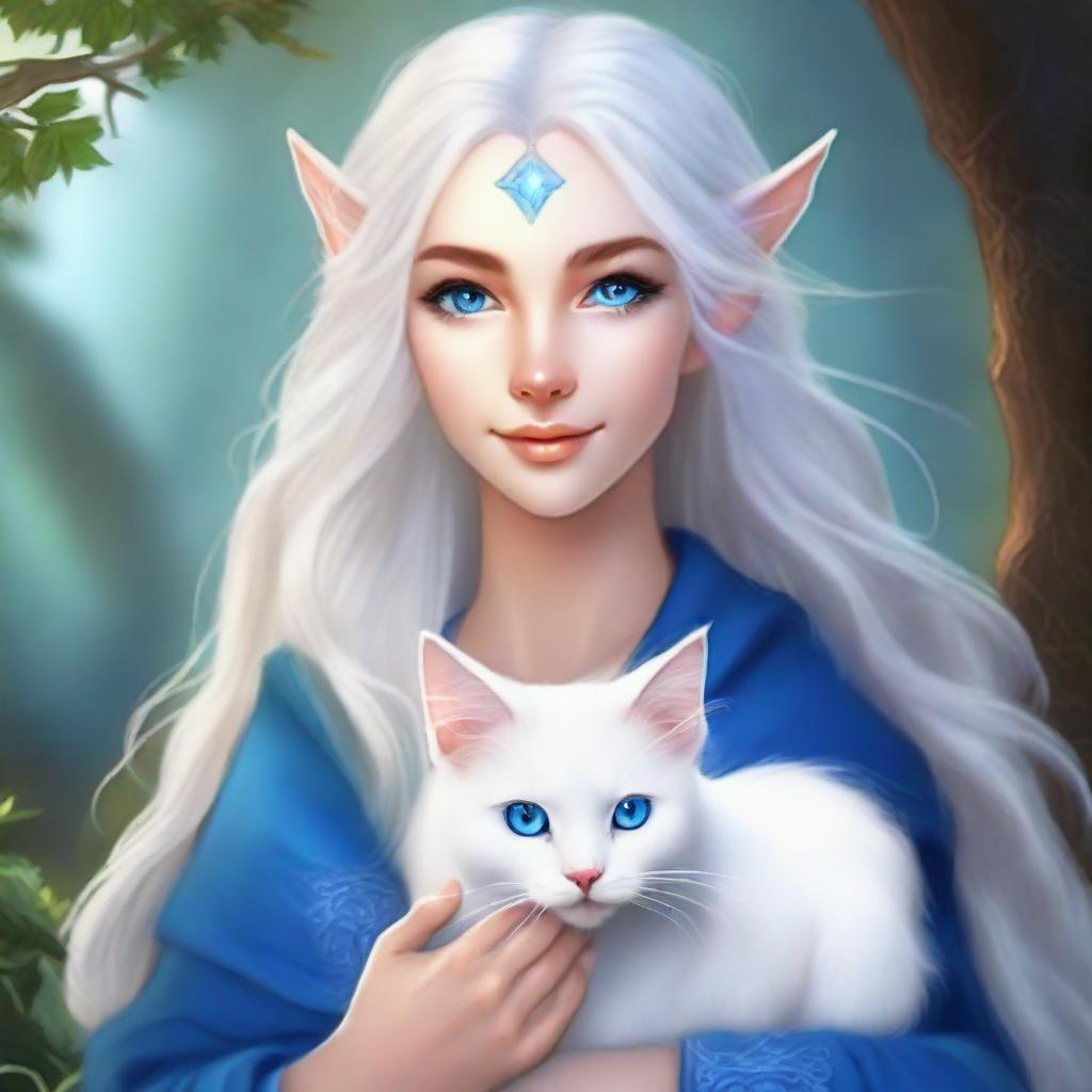 A radiant female elven sorcerer with cascading white hair and dazzling blue eyes, accompanied by her adorable pet cat.