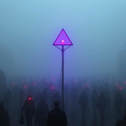 A dystopian city enveloped in dense fog, creating an eerie and mysterious atmosphere