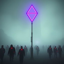 A dystopian city enveloped in dense fog, creating an eerie and mysterious atmosphere
