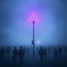 A dystopian city enveloped in dense fog, creating an eerie and mysterious atmosphere