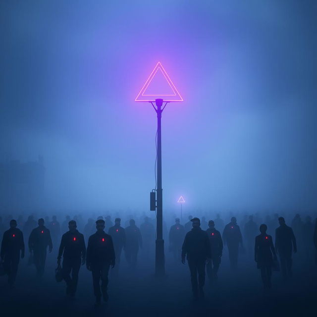 A dystopian city enveloped in dense fog, creating an eerie and mysterious atmosphere