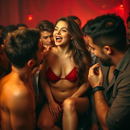 A sensual scene featuring an attractive young adult woman with long legs, showcasing her beauty and allure