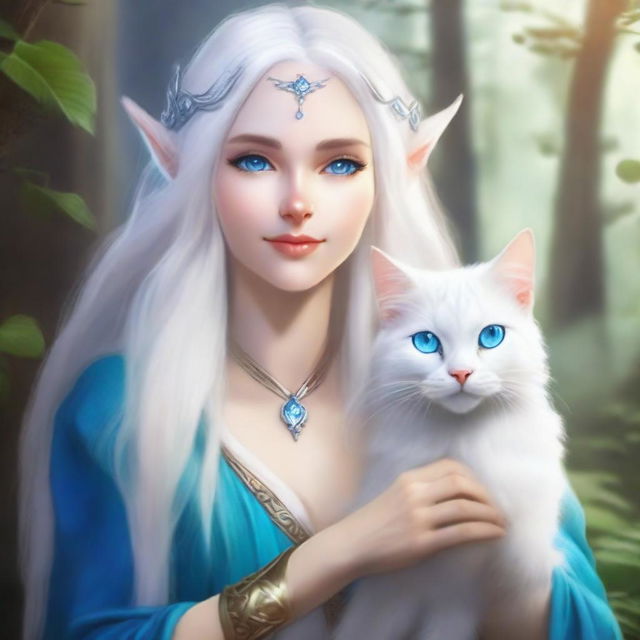 A radiant female elven sorcerer with cascading white hair and dazzling blue eyes, accompanied by her adorable pet cat.