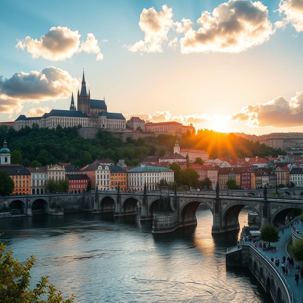 A picturesque view of Prague, capturing the iconic Prague Castle on a hill overlooking the city, with its stunning Gothic architecture and lush greenery