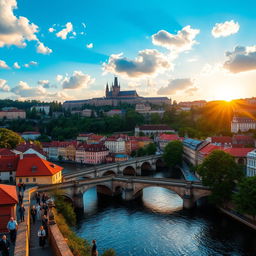 A picturesque view of Prague, capturing the iconic Prague Castle on a hill overlooking the city, with its stunning Gothic architecture and lush greenery