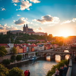 A picturesque view of Prague, capturing the iconic Prague Castle on a hill overlooking the city, with its stunning Gothic architecture and lush greenery