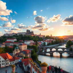 A picturesque view of Prague, capturing the iconic Prague Castle on a hill overlooking the city, with its stunning Gothic architecture and lush greenery