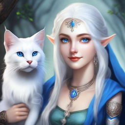 A radiant female elven sorcerer with cascading white hair and dazzling blue eyes, accompanied by her adorable pet cat.