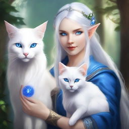 A radiant female elven sorcerer with cascading white hair and dazzling blue eyes, accompanied by her adorable pet cat.