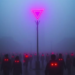 A dystopian city enveloped in a thick layer of fog, creating an eerie and mysterious ambiance