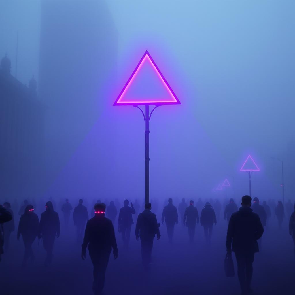 A dystopian city enveloped in a thick layer of fog, creating an eerie and mysterious ambiance