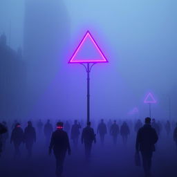 A dystopian city enveloped in a thick layer of fog, creating an eerie and mysterious ambiance