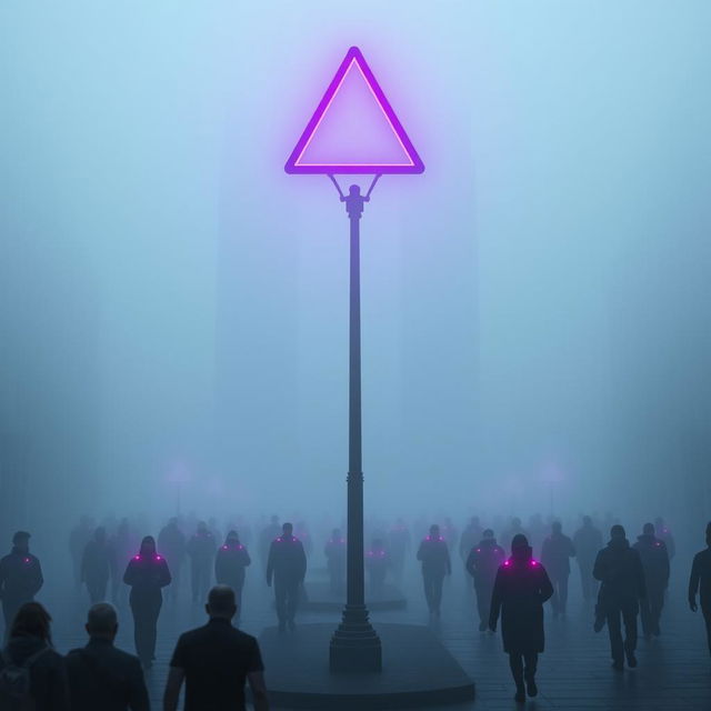 A dystopian city enveloped in a thick layer of fog, creating an eerie and mysterious ambiance