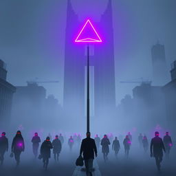 A dystopian city enveloped in a thick layer of fog, creating an eerie and mysterious ambiance