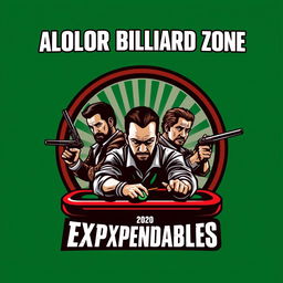 A dynamic logo design featuring the ALOLOR BILLIARD ZONE prominently displayed at the top, integrated creatively with stylized representations of The Expendables team