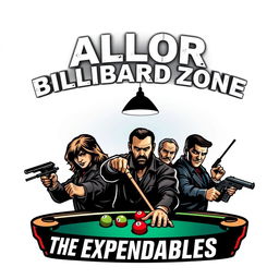 A dynamic logo design featuring the ALOLOR BILLIARD ZONE prominently displayed at the top, integrated creatively with stylized representations of The Expendables team