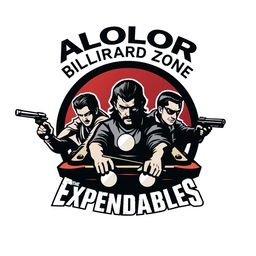 A dynamic logo design featuring the ALOLOR BILLIARD ZONE prominently displayed at the top, integrated creatively with stylized representations of The Expendables team