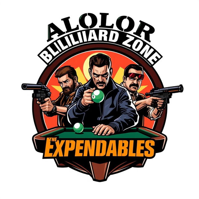 A dynamic logo design featuring the ALOLOR BILLIARD ZONE prominently displayed at the top, integrated creatively with stylized representations of The Expendables team