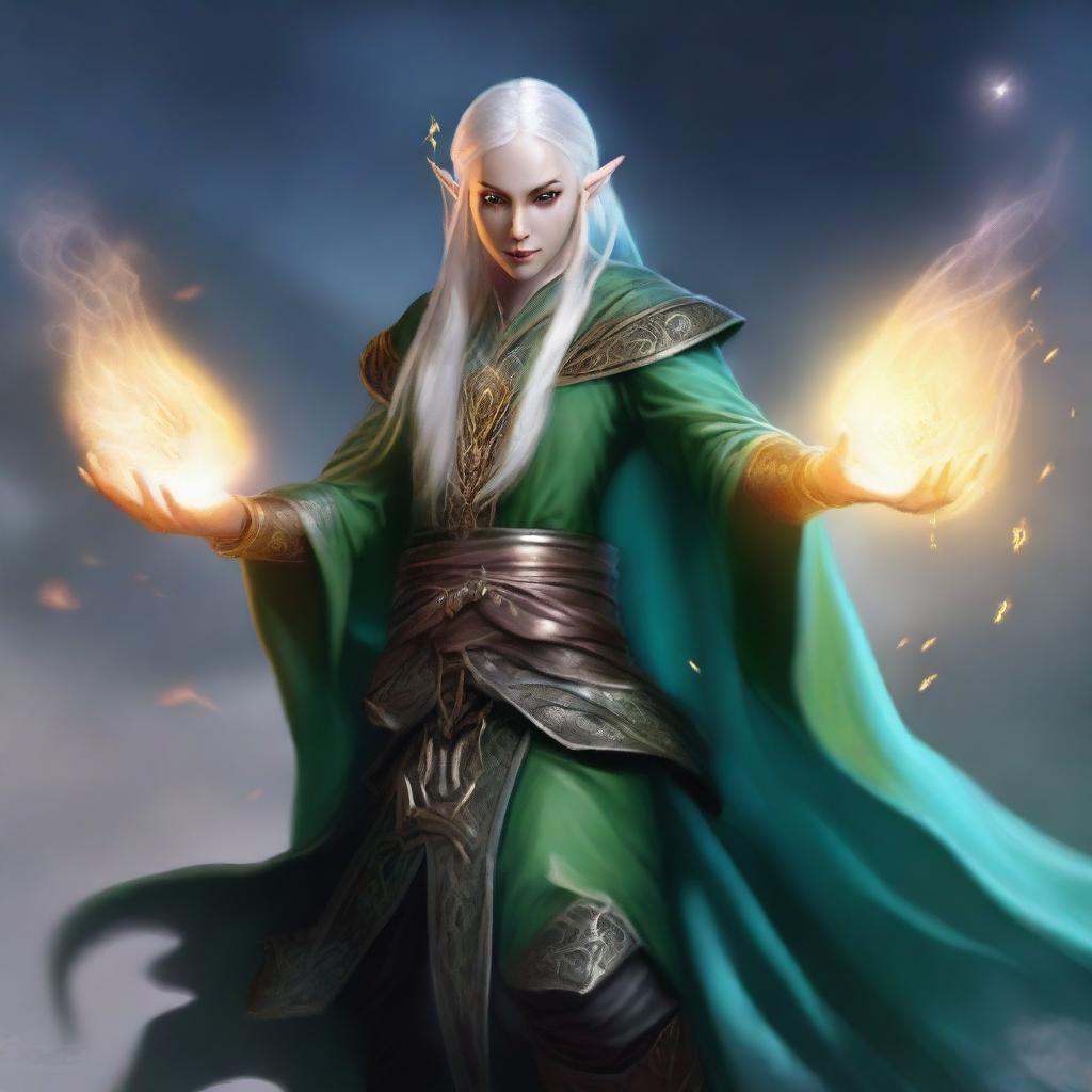 A graceful elven sorcerer displaying a formidable array of magical spells in intense combat.