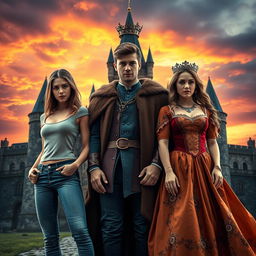 A striking romantic scene featuring three young and attractive characters: two identical women and one man