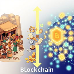 A visually striking illustration symbolizing the transformation from barter to blockchain