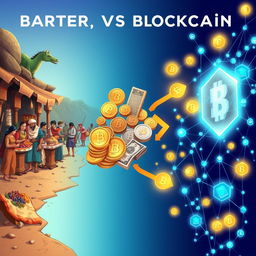 A visually striking illustration symbolizing the transformation from barter to blockchain