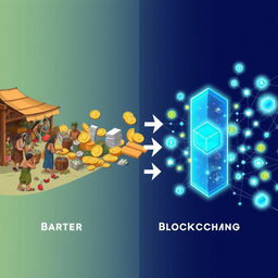 A visually striking illustration symbolizing the transformation from barter to blockchain